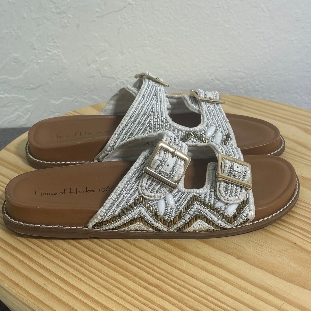 House of Harlow 1960 Beaded Slide Sandals White Gold Boho Buckle Flat Shoes 9.5